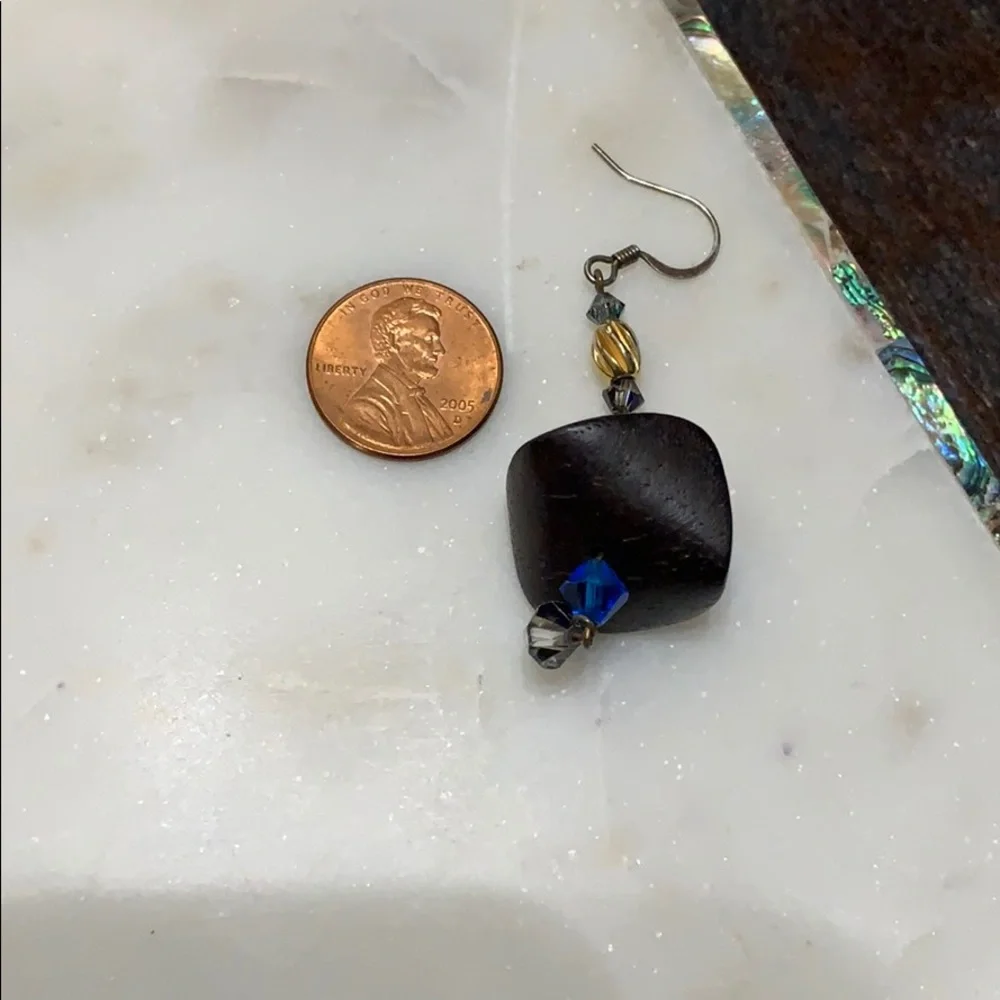 Boho dangly brown wood, royal blue Swarovski crystal bead dangle earrings
